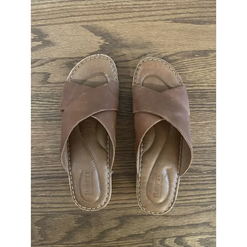 Born Leather Wedge Sandals Womens 9/40.5 Brown Criss Cross Slip On Comfort Sole